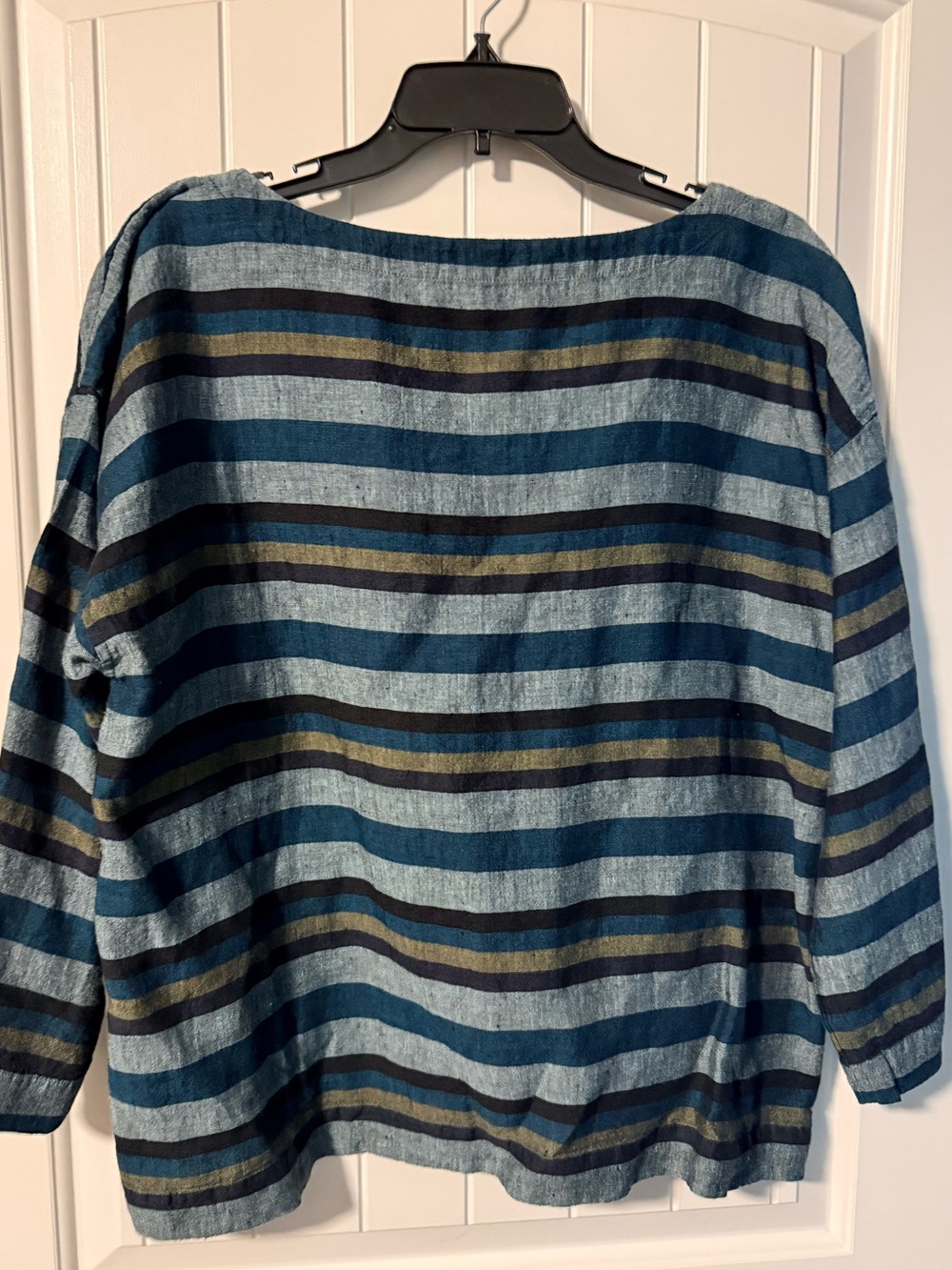Women Eileen Fisher Linen Striped Blue and Navy 3/4 Sleeve Crewneck Blouse L